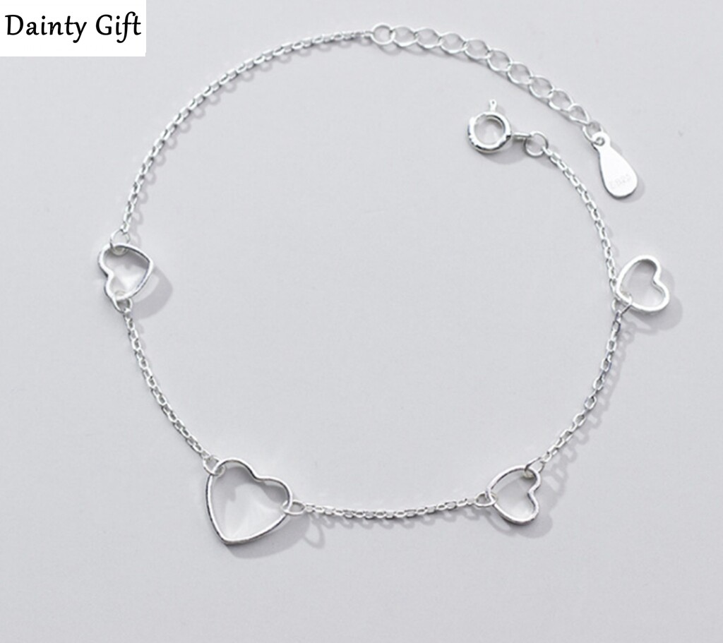 Women Girl Accessory 925 Sterling Silver Heart Link Chain Hand Bracelet 