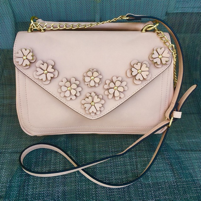 Blush Pink soft Faux Leather Flowers Handbag Adjustable Crossbody Purse