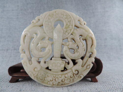 Antique Chinese Natural Hetian Jade Hollow Sculpture Dragon Statue Jade Pendant