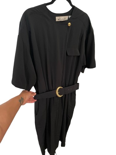 Vintage schwarz LBD Midi Sekretär Gürtel Umschlagkragen Gold Tasche Knie Kleid - Bild 4 von 10