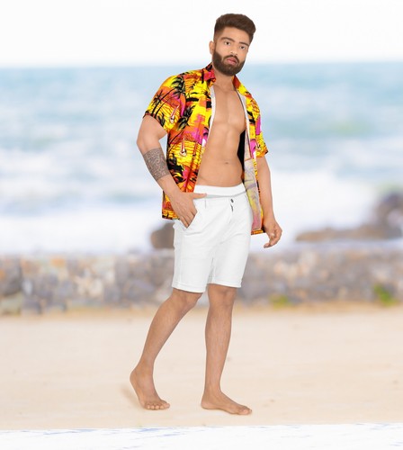 LA LEELA Mens Hawaiian Short Sleeve Button Down Shirts Island View, Orange M - Picture 2 of 3