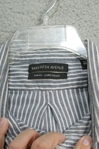 SAKS FIFTH AVENUE Shirt Adult Extra Large Slim Fit Gray Striped Long Sleeve Mens - Picture 4 of 13
