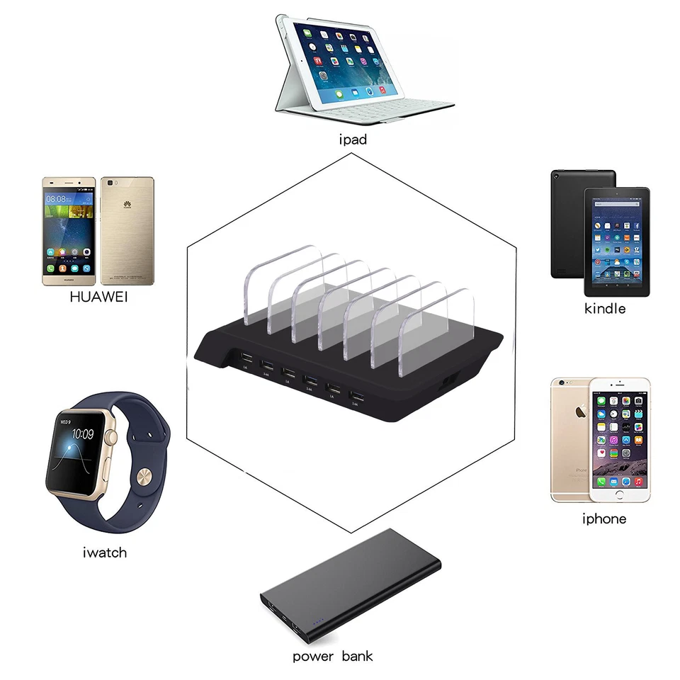 Universal 6 Port USB 10.2A Charger Charging Station Stand For iPhone Android Tab - Image 2 of 4
