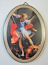 St Michael Icon Picture on Wood Oval 5 3/4" Made in Italy