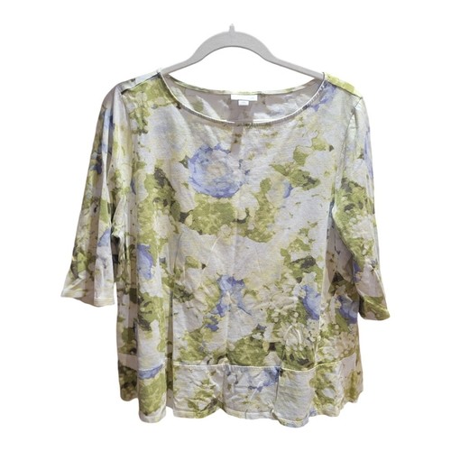 Pure Jill Blouse Women's XL Petite Green Yellow Floral Round Neck 3/4 Sleeve