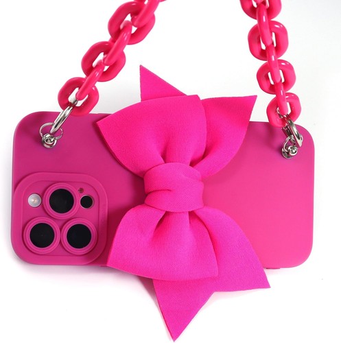 3D Bow Case für iPhone 16 Pro Max mit Handschlaufe & Lanyard, Silikon, Hot Pink - Bild 4 von 9