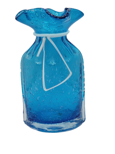 Hand Blown Art Glass Vase Turquoise Blue And White With Ruffled Top Bubbles 7" H