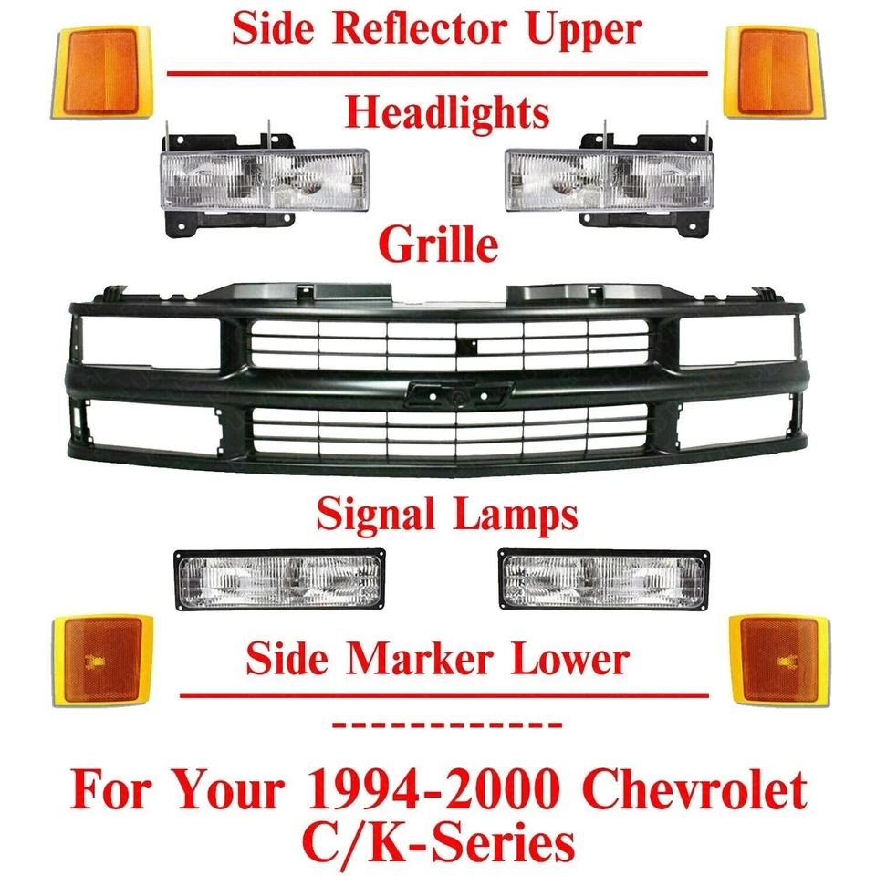 Front Grille + Headlights & Side Marker Lamps For 1994-2000 Chevrolet C/K-Series - Image 2 of 4