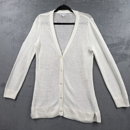 GAP Beach Cardigan Sweater Women Medium White Linen Blend Buttons Casual Cottage - Picture 7 of 12