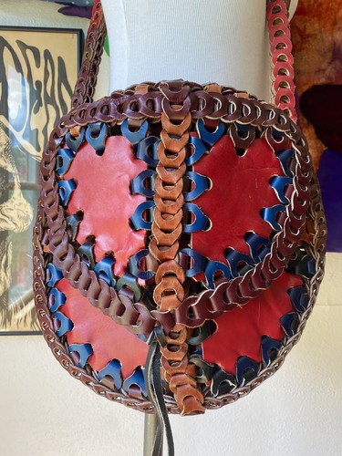 Authentic VINTAGE HIPPIE BAG Leather Chain Purse 1970s 70s Shoulder Red Brown