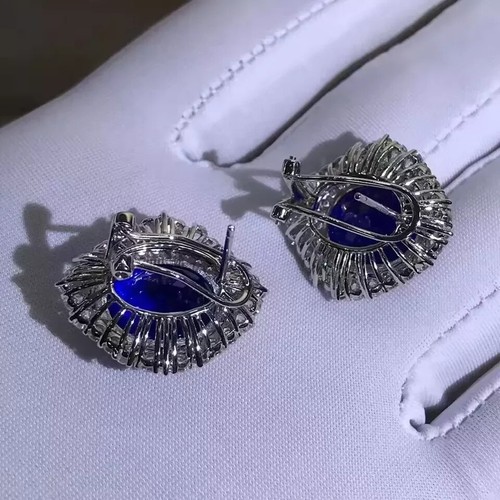 5Ct Oval Cut Lab-Created Blue Sapphire Halo Stud Earrings 14K White Gold Plated - Picture 3 of 7