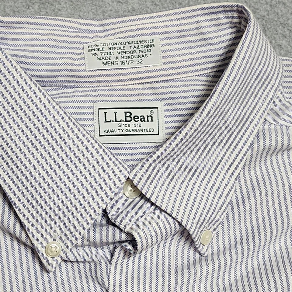 Vintage LL Bean Shirt Mens 16.5-32 Blue Striped Button Down L/S Single Needle - Image 3 of 4