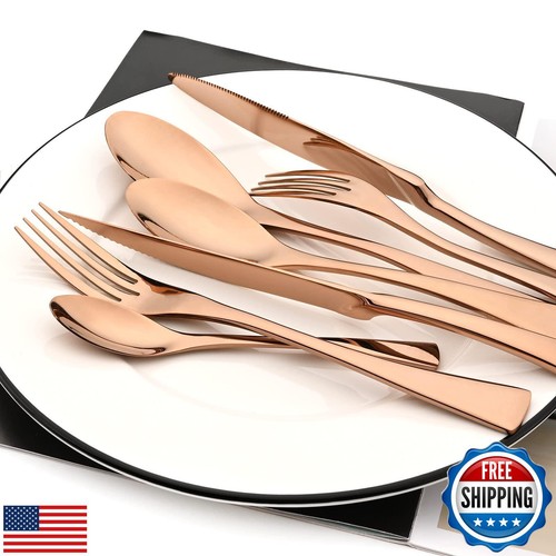 Snplowum 24-Piece Copper Flatware, Mirror 18/10 Stainless Steel Modern and Lu - Picture 3 of 5