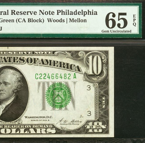 1928B $10 FRN PMG 65EPQ Philadelphia Redeemable in Gold Fr 2002-Cdgs - Picture 1 of 3