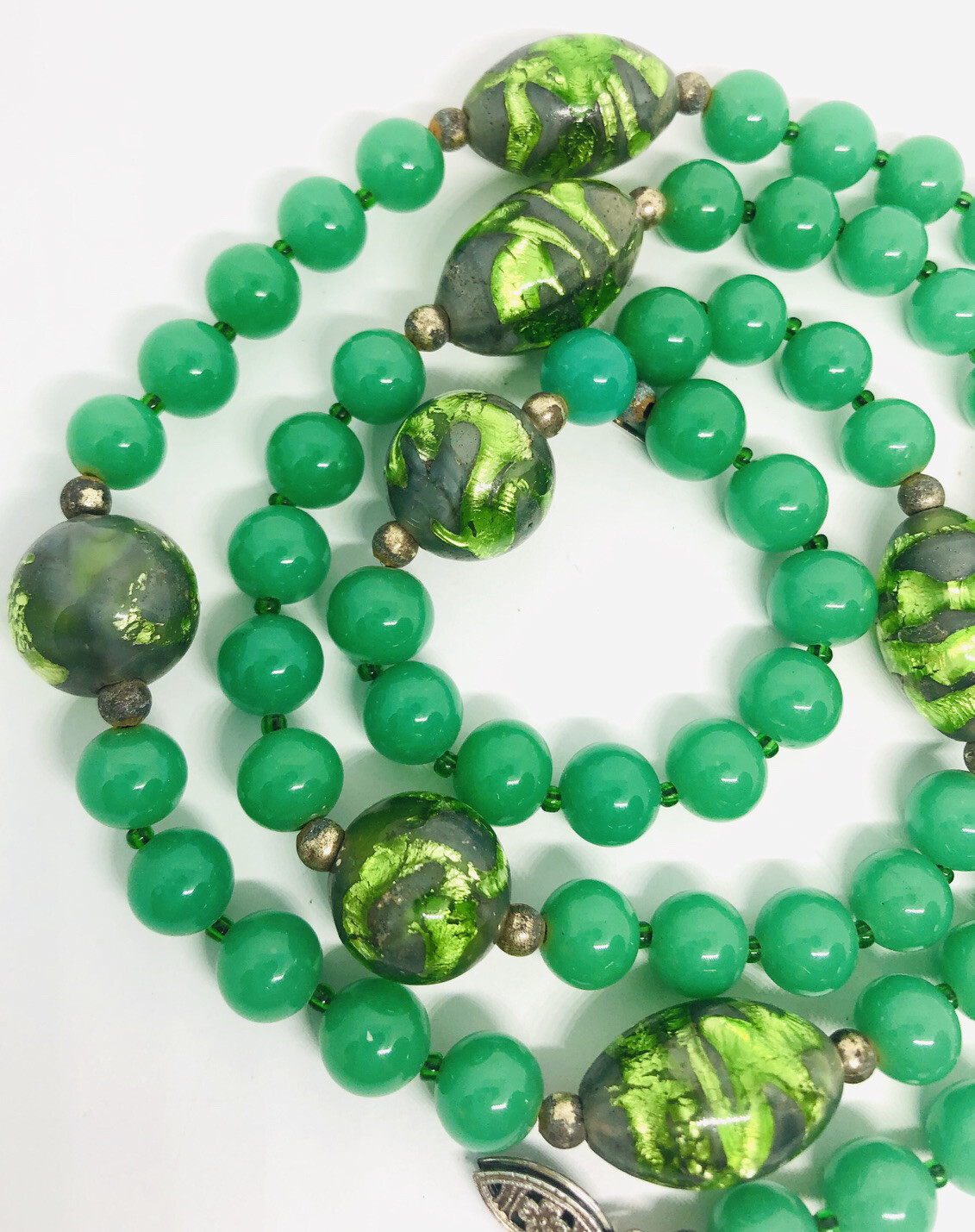 Sterling Silver Jade Glass & Foil Glass Beaded Necklace Czech Vintage