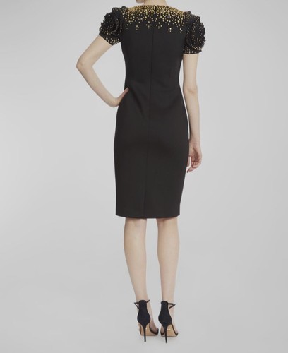 $550 Badgley Mischka Women's Black Scuba Studded Rosette-Sleeve Dress Size 2 - Picture 3 of 4