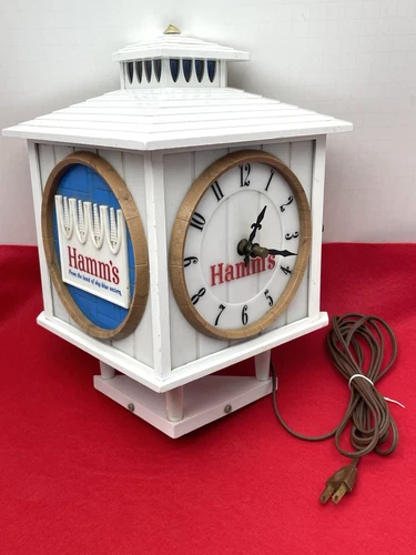 VINTAGE HAMM'S BEER 3 SIDED CASH REGISTER LIGHTED CLOCK SIGN TOPPER CANOE