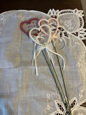 3 Heart Shaped Pearl Tulle Bows Decorating Sticks - Image 1 of 4