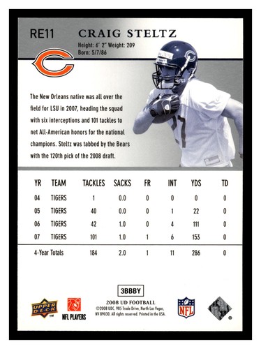 Craig Steltz #RE11 2008 Upper Deck Rookie Exclusives Chicago Bears - Picture 2 of 2