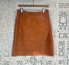 Vintage Retro Orange Tiered Suede Leather Knee Length Wrap Skirt Sz Small