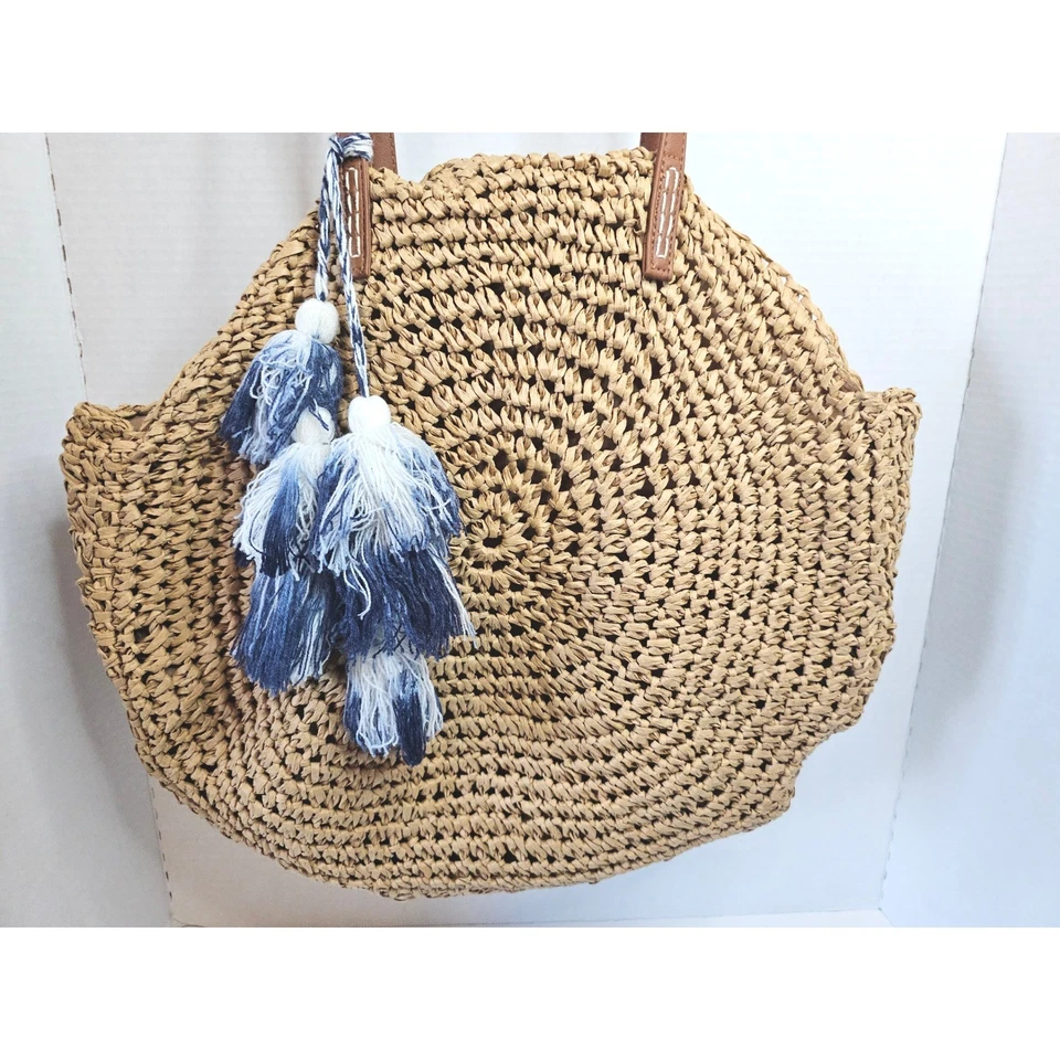 Bolso de Mano American Eagle Outfitters Paja Redondo Bolso de Playa Borla Azul Foto 2 de 4