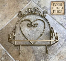 Vintage Farmhouse Scroll Gold Metal Wall Shelf Frame with 2 Hooks, NO GLASS