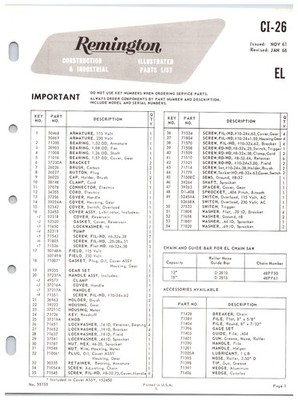 Remington Chainsaw (Model EL) Parts List Manual #CI-26