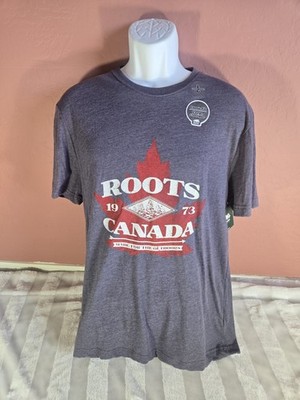 Mens Roots Canada 1973 Raymore T Shirt Niagara Purple Size L Maple Leaf Logo NWT
