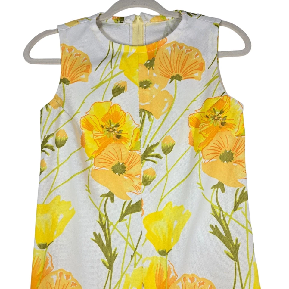 Vestido recto True Vintage años 60 hecho a mano para mujer XS-S amarillo floral mini túnica de polietileno Foto 2 de 4