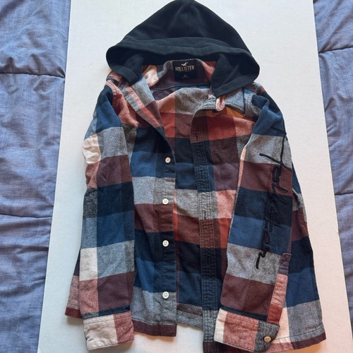 Hollister Pink/Blue/White Flannel Jacket With Hood Size Unisex Extra Small XS - Picture 6 of 6
