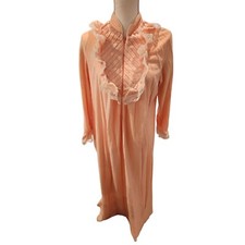 Vintage 80s Suzanne Beth Coral Pink Half Zip Fleece Robe Satin Lace M
