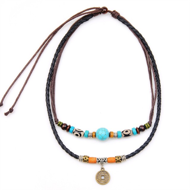 Men Women Turquoise Bead Double Necklaces Layer Leather Rope Coin Charms Choker Men Women Turquoise Bead Double Necklaces Layer Leather Rope Coin Charms Choker