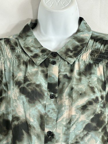 Sanctuary New Day Gr. L Batik Knopf Bluse gesmokte Schultern Kragen lang Slv - Bild 7 von 20
