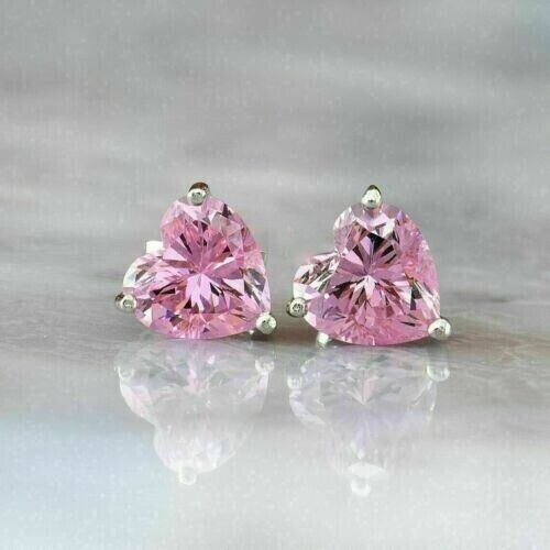 4Ct Heart Cut Created Pink Diamond Solitaire Stud Earrings 14K White Gold Plated - Picture 1 of 6