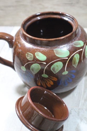 Antique Teapot Brown Blue Yellow floral ceramic pot/ stamp on bottom - Picture 2 of 7