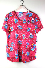 Disney Women's Christmas Stitch V-Neck Print Scrub Top Size Medium Pockets New