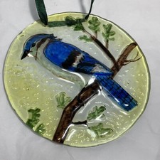 HANDCRAFTED Painted Glass WINDOW SUNCATCHER Round BIRD Bluejay BLUE Tree TEXTURE