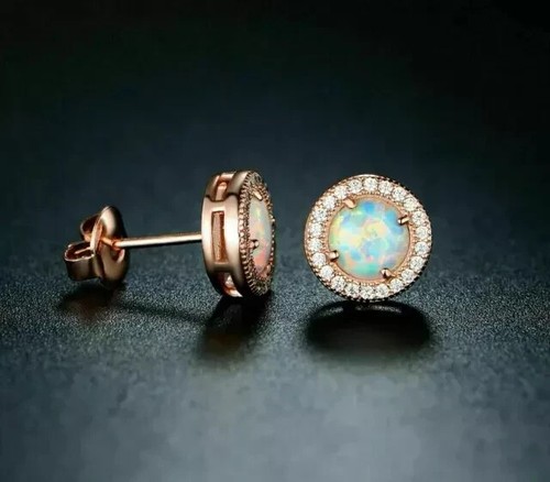 3Ct Round Cut Lab Created Fire Opal Women's Stud Earrings 14K Rose Gold Plated - Picture 3 of 4