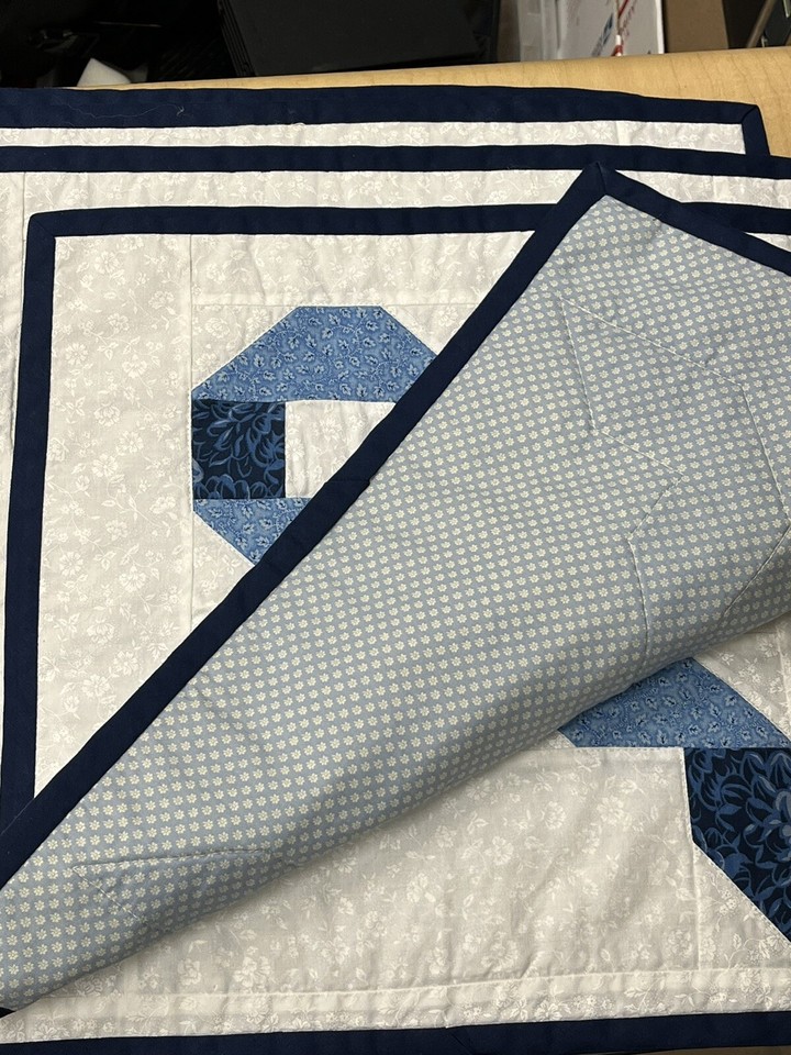 Vintage Quilt Squares Panel Lot (4) Finished_Large Bow Pattern_Blue
