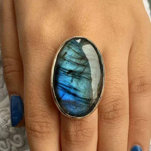 Large Labradorite Gemstone Ring Handmade 925 Sterling Silver Ring All Size R177 - Picture 2 of 5
