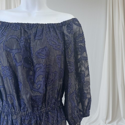 Shoshanna Womens Dhara Dress Midi Blue Metallic Silk Blend Off Shoulder Size 4 - Picture 7 of 14