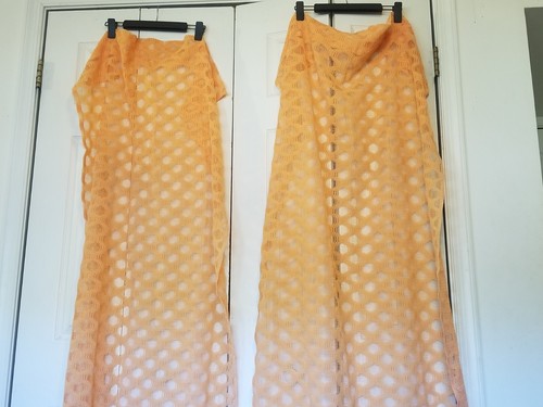 Vntg Lace Curtains 2 Rod Pckt Panels Peach 60"LX32"W Mesh Geo Circles Handmade