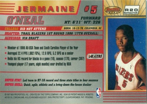 NBA - TRADING CARD INSERTO BASKET - BOWMAN'S BEST - JERMAINE O'NEAL - #5 - Foto 2 di 2