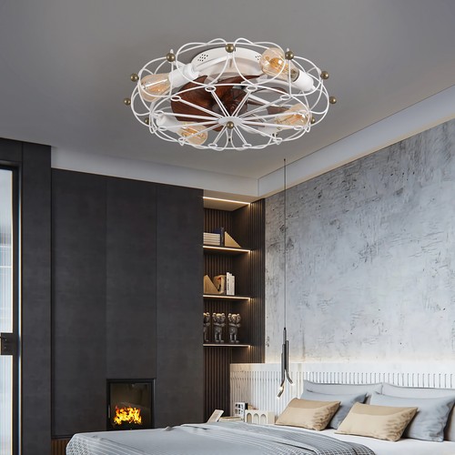 White 20" Vintage Farmhouse Flush Mount Ceiling Fan Light Kit w Remote Control - Picture 8 of 10