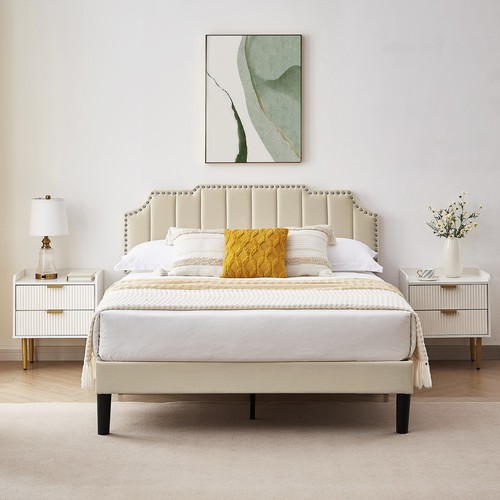 Twin/Full/Queen Bed Frame with Fabric Upholstered Headboard Wooden Slats Support - Picture 7 of 60