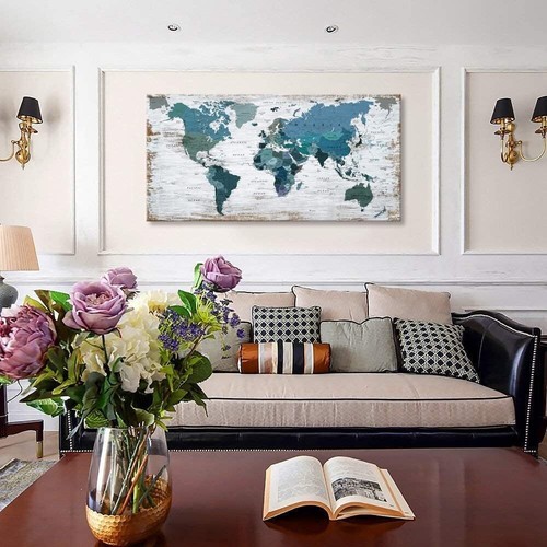 Teal World Map Canvas Framed Artwork Home Wall Decor Art Pictures 20.00 x 40.00 - Picture 5 of 11