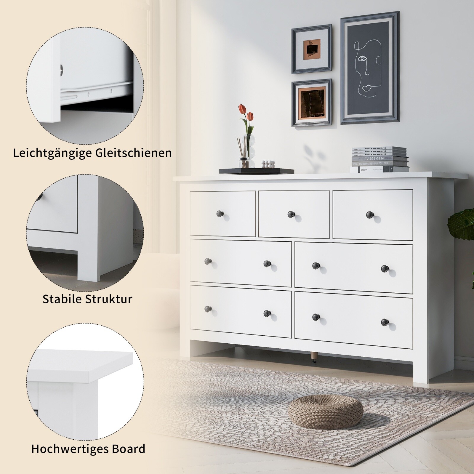 Kommode mit 7 Schubladen Sideboard 152 cm Schubladenschrank Kleiderschrank Weiß