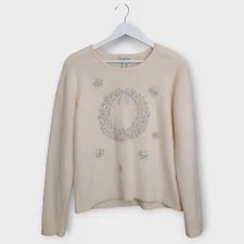 Orvis Sweater Women Large Off White Christmas Wreath Holiday Soft Cozy Festive