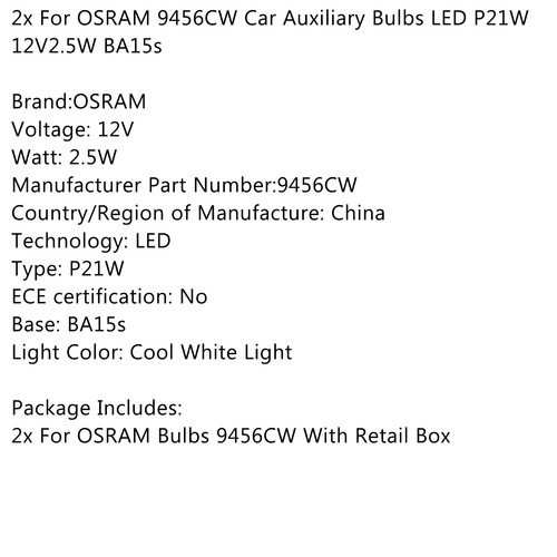 2x For OSRAM 9456CW Car Auxiliary Bulbs LED P21W 12V2.5W B5s ~ U8 - Picture 8 of 11