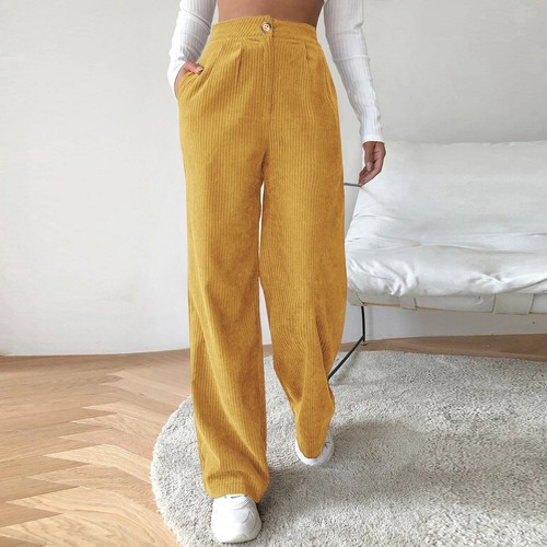 Women's High Waist Corduroy Pants Straight Loose Casual Workout Pocket Trousers - Picture 23 of 26